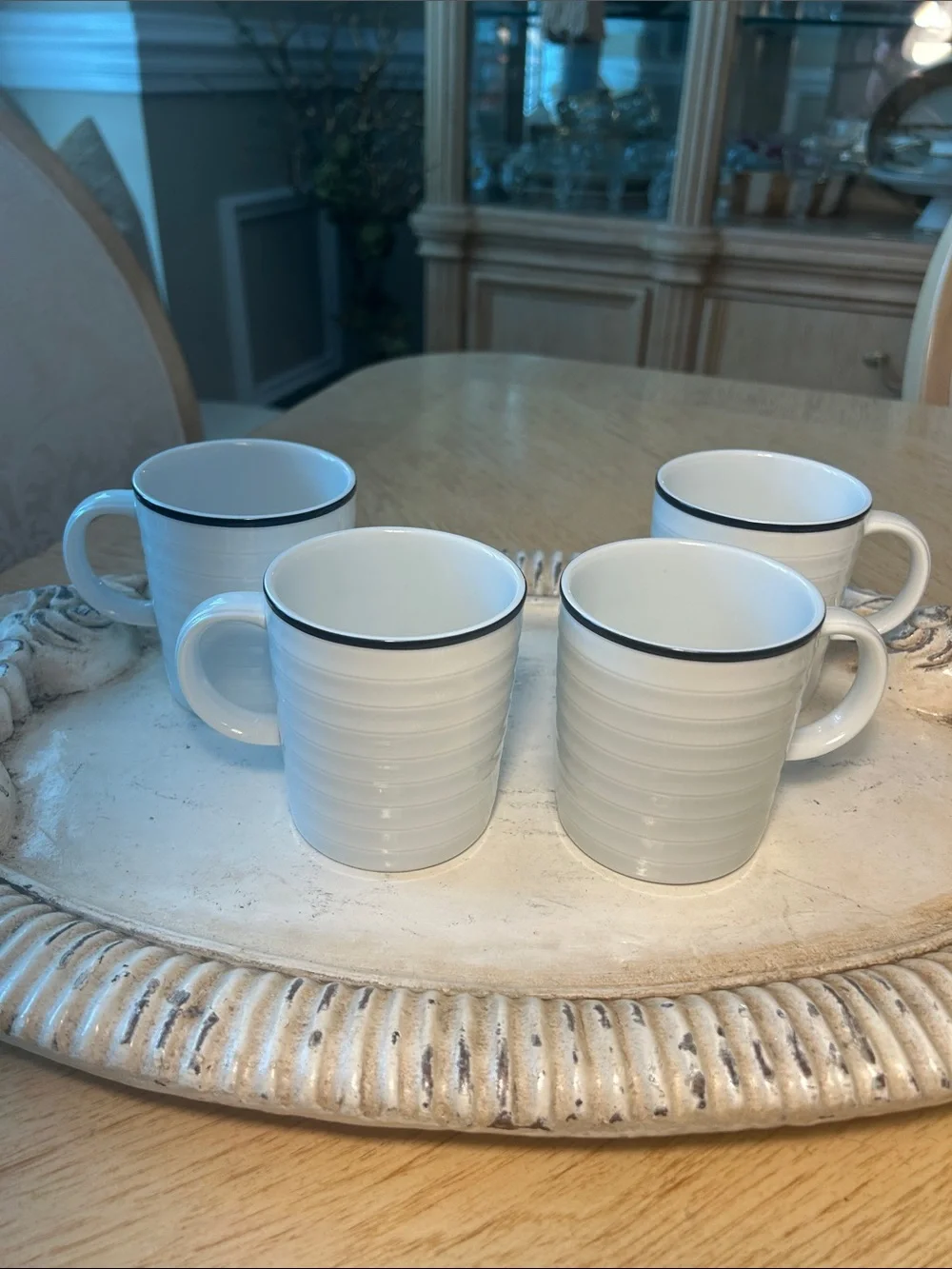 Crate&Barrel White Ceramic Mugs with Navy Rim - Set of 4